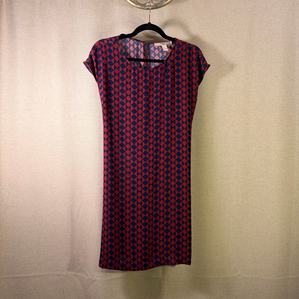 Forever 21 Geometric Print Mini Dress – Back Bow Cinch | Red & Blue | Medium